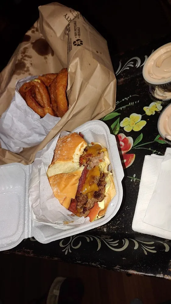 The Granny's Double Bacon Cheese Burger and Onion Rings